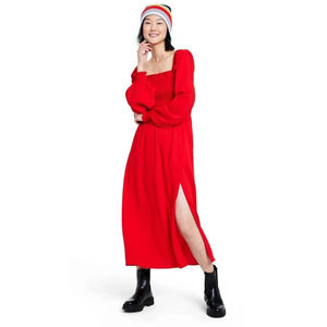 La Ligne x Target Women Dress Smocked Bodice Midi Pockets Split Red